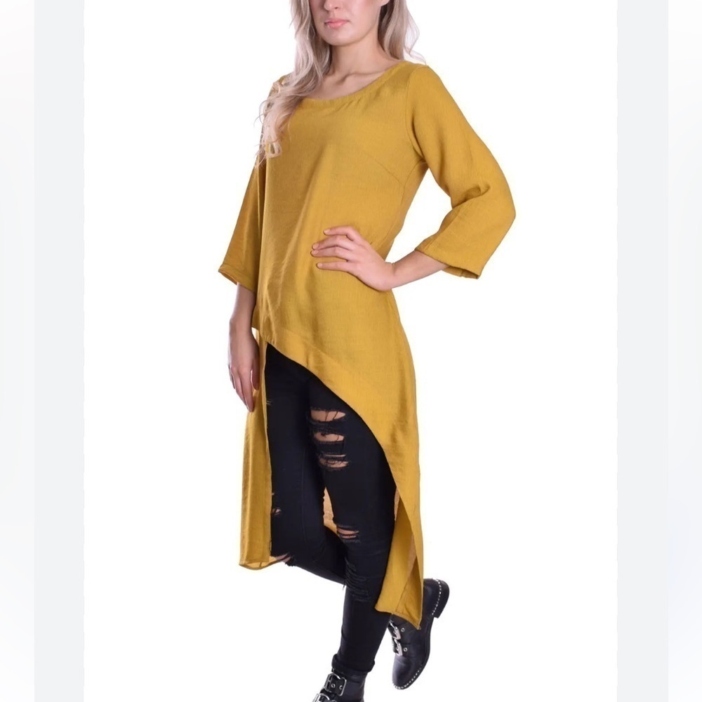MontyQ,Lightweight Summer Maxi Tunic Asymmetrically Fitted,3/4 Sleeve in Saffron